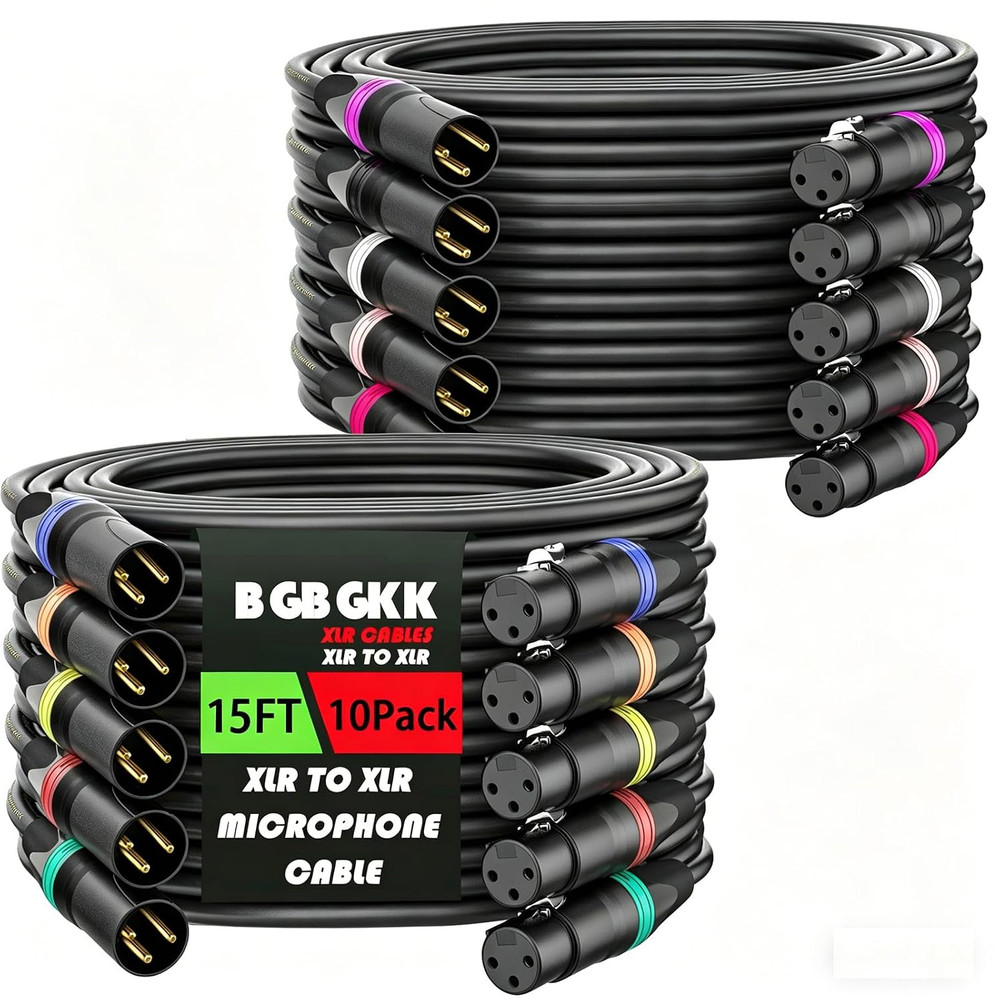 XLR Cables 15Ft 10Pack, Professional XLR Microphone Cable Male to Female, Gold-P