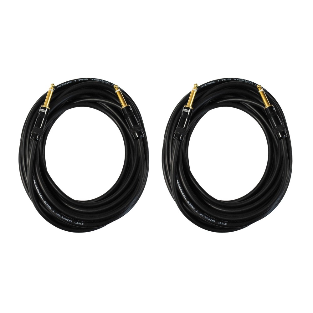 Audio2000 C09025 25 Ft 1/4″ TS Guitar Instrument Cable 2 Pack Pair Black 22AWG