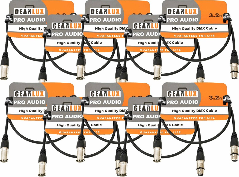 Gearlux 3.2-Foot 3-Pin Male-to-Female DMX Cable – 10 Pack