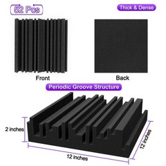 52 Pack Thick Acoustic Foam Panels 12x12x2 Inch Sound Absorbing Padding Tiles