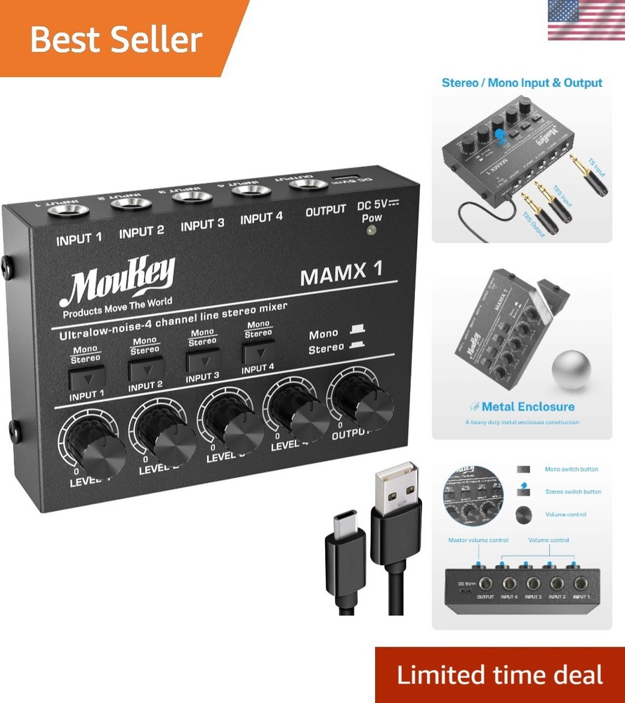 DC 5V Powered Mini Mixer – 4-Channel Low Noise Mixer for Guitars & Keyboards