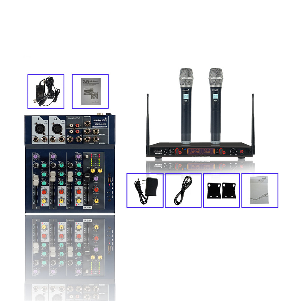 4-Channel Mono Stereo Mixer Mini USB Sound DJ Mixing Console 2CH UHF Microphone