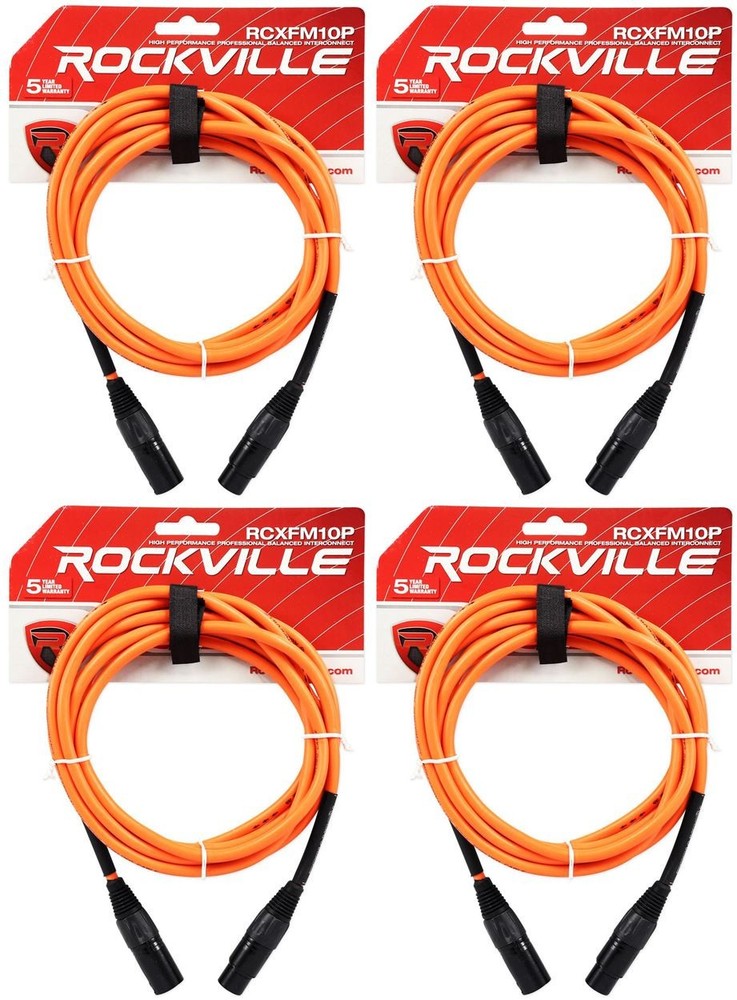 4 Rockville RCXFM10P-O Orange 10′ Female to Male REAN XLR Mic Cables 100% Copper