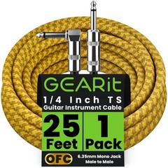 GEARit Audio Instrument Cable 25ft Right Angle Yellow