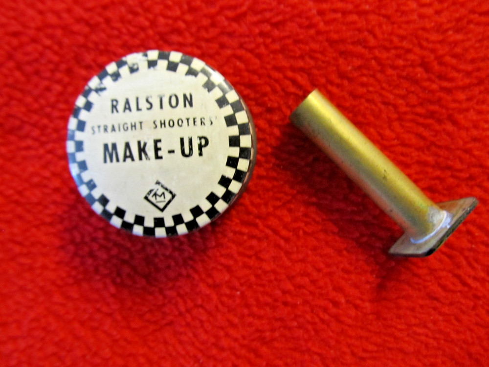 VINTAGE TOM MIX 1935-40’S TIN MAKE-UP KIT CONT. AND METAL BRANDING IRON