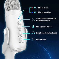 Professional White USB Condenser Microphone Studio Recording Mic for PC Computer