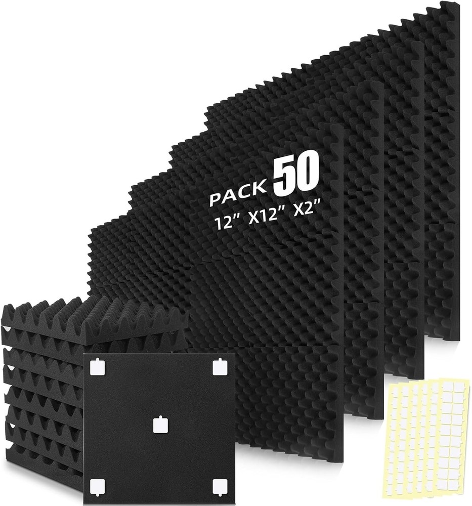 50 Pack Acoustic Panels Foam for Walls, 2″x12″x12″ 12″x12″x2″ Black-50 Pack