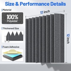 12 Pack Sound Proof Foam Panels For Walls 3”x12”x12” Self 3 Inch 12 Pack Black