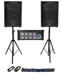 (2) JBL Pro JRX212 12″ 2000w PA/DJ Speakers+Powered Mixer w/Bluetooth+Stands