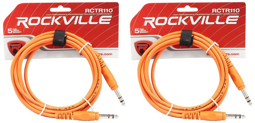 2 Rockville RCTR110O Orange 10′ 1/4“ TRS to 1/4“ TRS Cable 100% Copper
