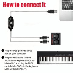2pcs USB IN-OUT MIDI Interface Cable Converter to PC Music Keyboard Adapter Cord