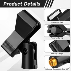 Mic Clips for Stands Set – 4 Piece Adjustable Holders with Black