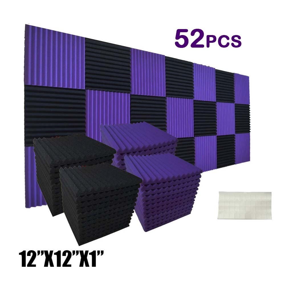 52 Pack Black/Purple Acoustic Wedge Studio Soundproof Foam Wall Tiles 12x12x1
