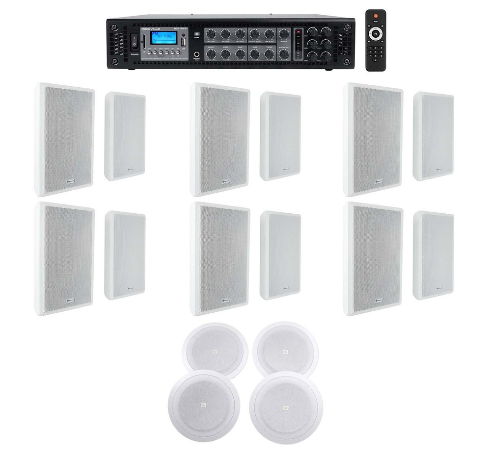 6-Zone Amplifier+12 White Wall+4 JBL 8″ Ceiling Speakers For Restaurant/Bar/Cafe