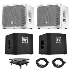 2x EV ELX200-12SP White 12″ powered subwoofers with covers and dollies