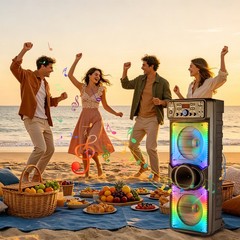 Portable Dual 10″ Bluetooth Party Speaker Woofer Heavy Bass Sound System w/ Mic