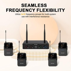 MELONARE 4-Channel Wireless Microphone System,UHF 4 Bodypack Mics, Black