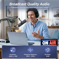Dynamic Podcast Microphone for Studio, Cardioid Black Microphone with Boom Arm