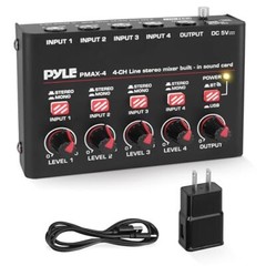 Pyle PMAX4 4-Channel Wireless Bluetooth Mini Line Mixer with Built-in Sound Card