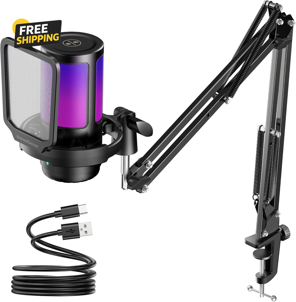 USB Gaming Condenser Microphone RGB Boom Arm Noise Cancelling for PC PS5 Mac