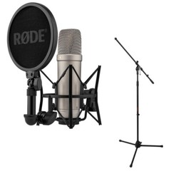 Rode NT1 (Silver)5th Generation Hybrid Studio Condenser Mic w/ Mic Stand Bundle