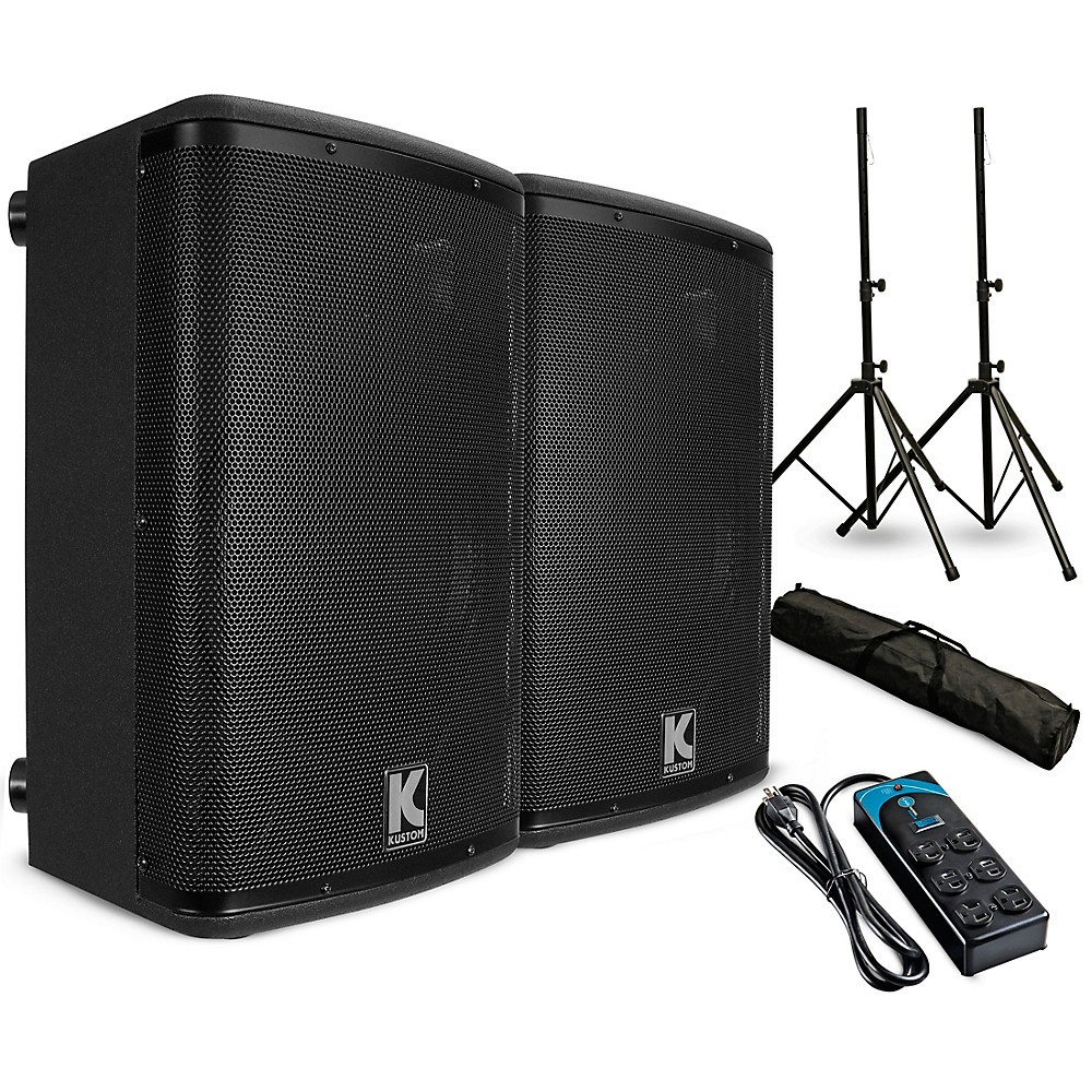 Kustom PA KPX12A 12″ Powered Loudpeaker Pair with Stands and Power Strip