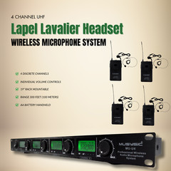 MUSYSIC 4 Channel UHF Lapel / Lavalier & Headset Wireless Microphone System UHF