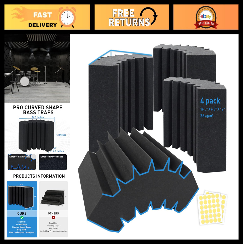 4 Pack Large Acoustic Foam Bass Traps – 16.5″ x 6.3″ x 12″ Sound Absorption for