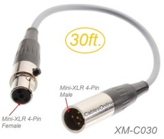 30ft Mini XLR 4-Pin Female to Mini XLR 4-Pin Male Pro Audio Cable