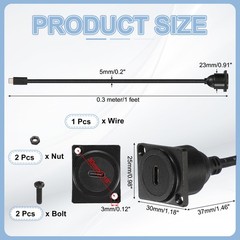 D-Type USB C 2.0 Panel Mount Extension Cable, Type-C Male to C Female, 1ft