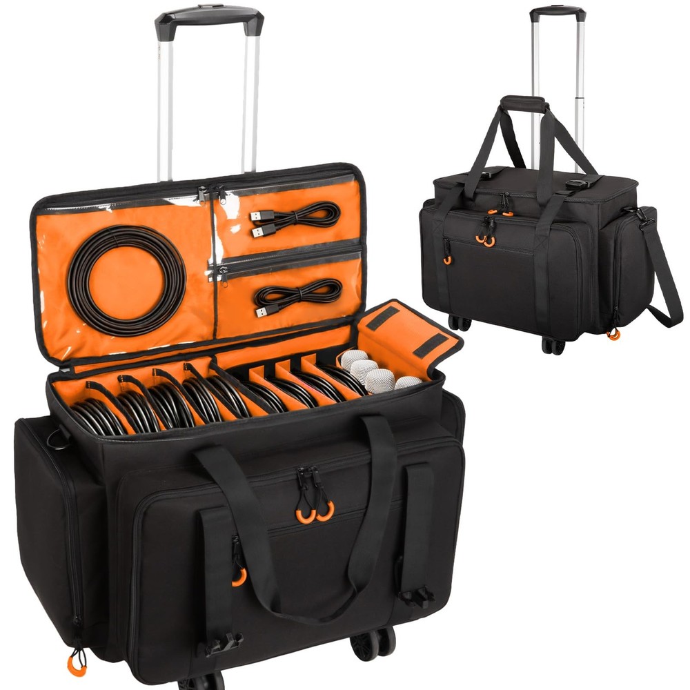 Rolling DJ Cable Bag Laptop Mic Pocket Dividers Orange Gig