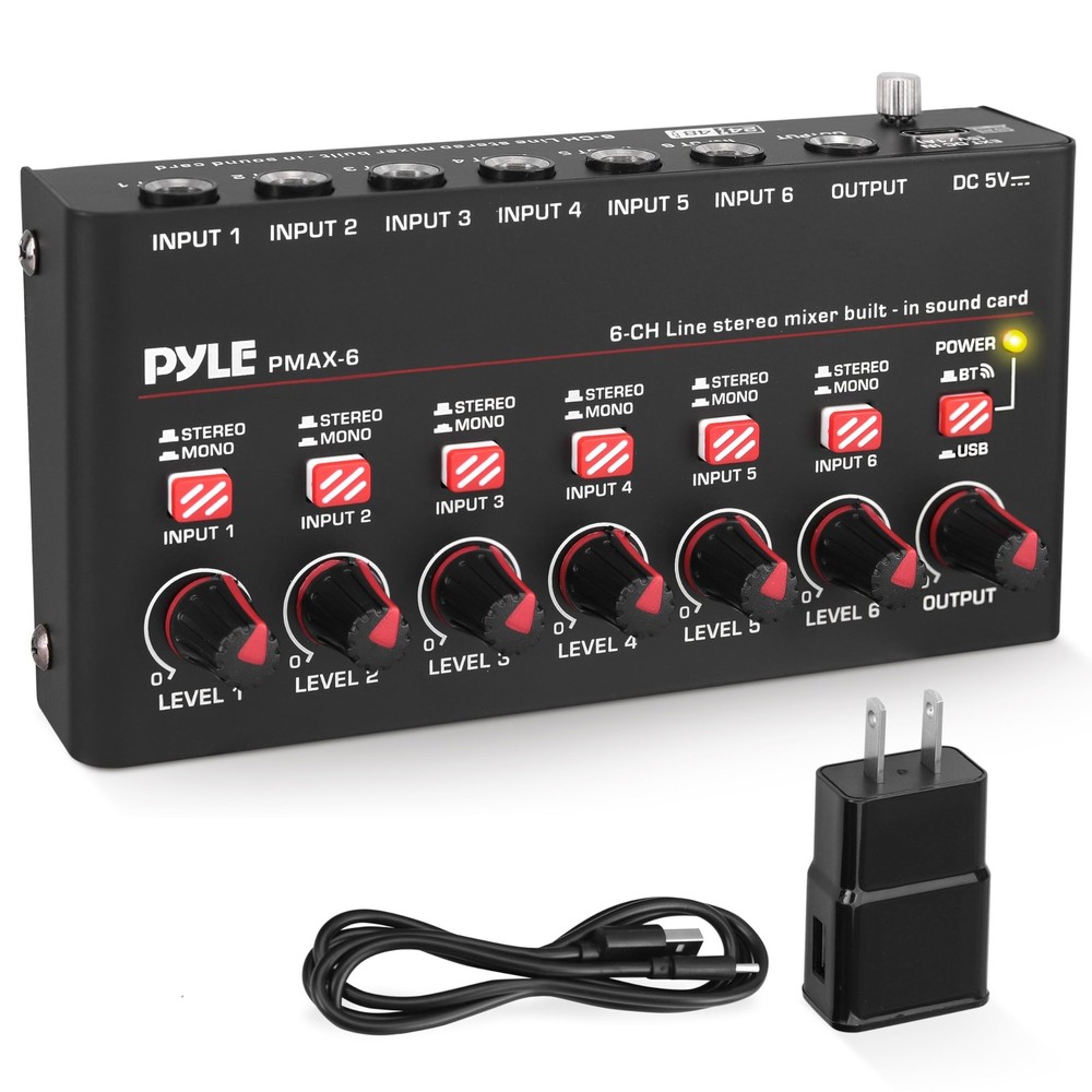 Pyle 6-Channel Bluetooth Mini Line Mixer with USB Audio 6 Channel, Black