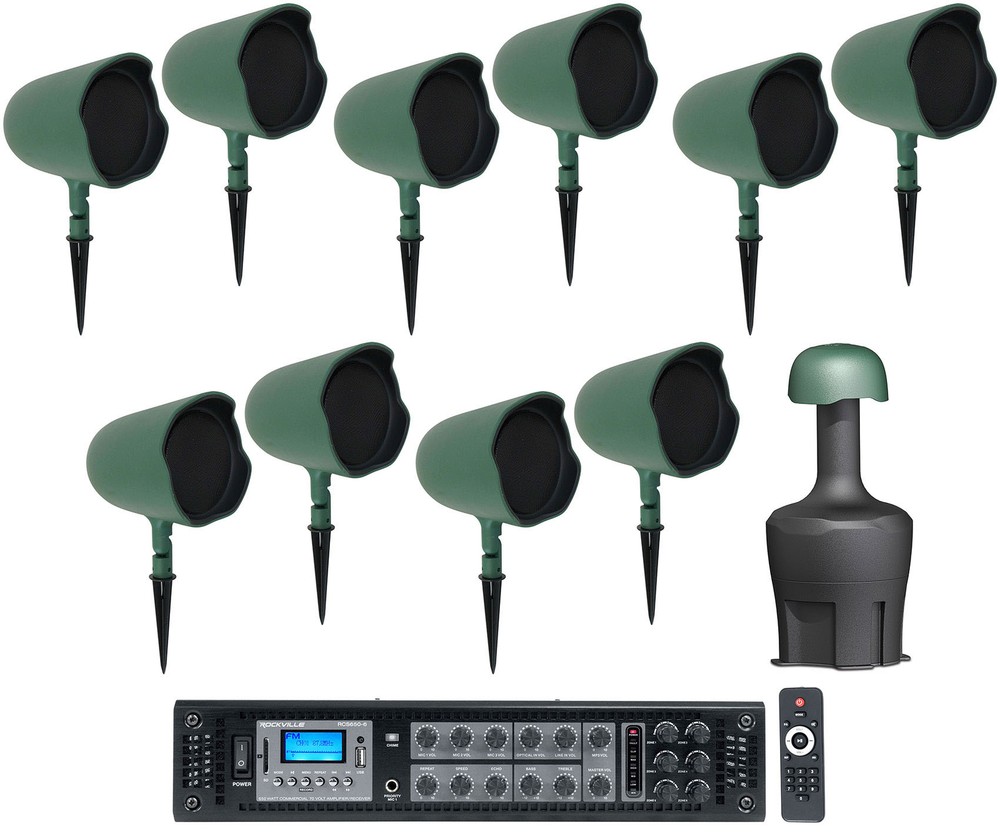 (10) JBL GSF6-GN 6.5″ Landscape Ground Stake 70v Commercial Speakers+12″ Sub+Amp