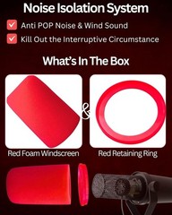 Pop Filter Foam Windscreen for SM7B, MV7, MV7X – Red Replacement with Seal