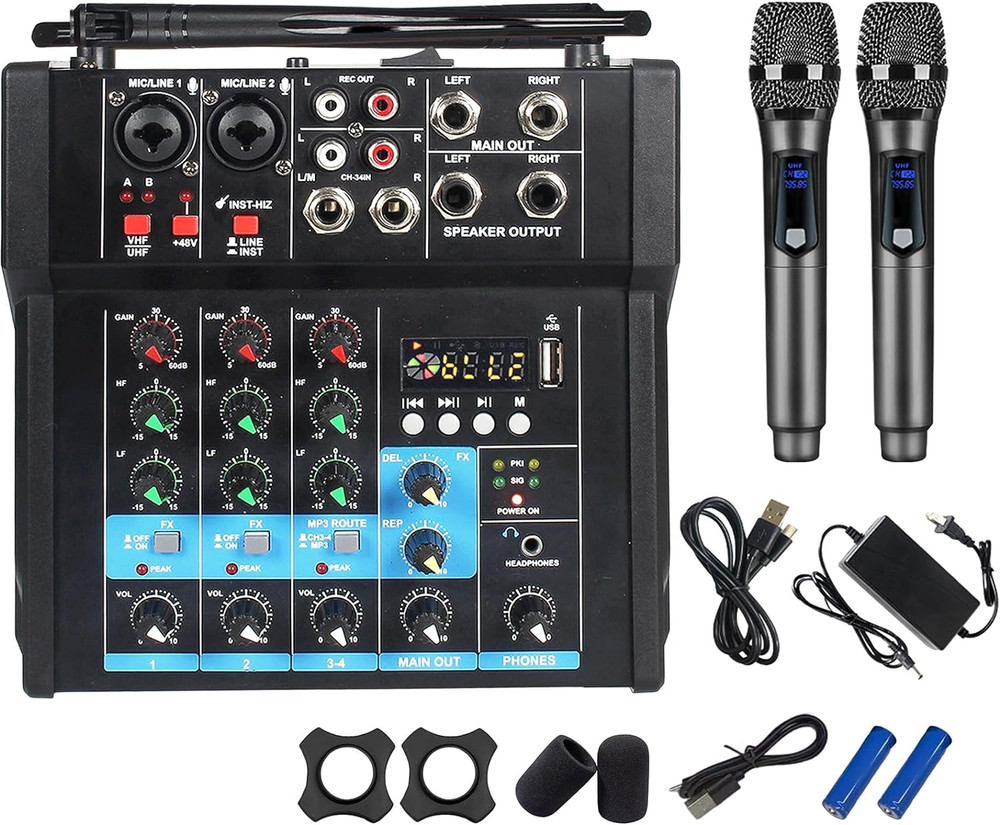 4 Channel Amplifier Audio Mixer, 250w Sound Mixer With Dual Wireless Mic, Sound