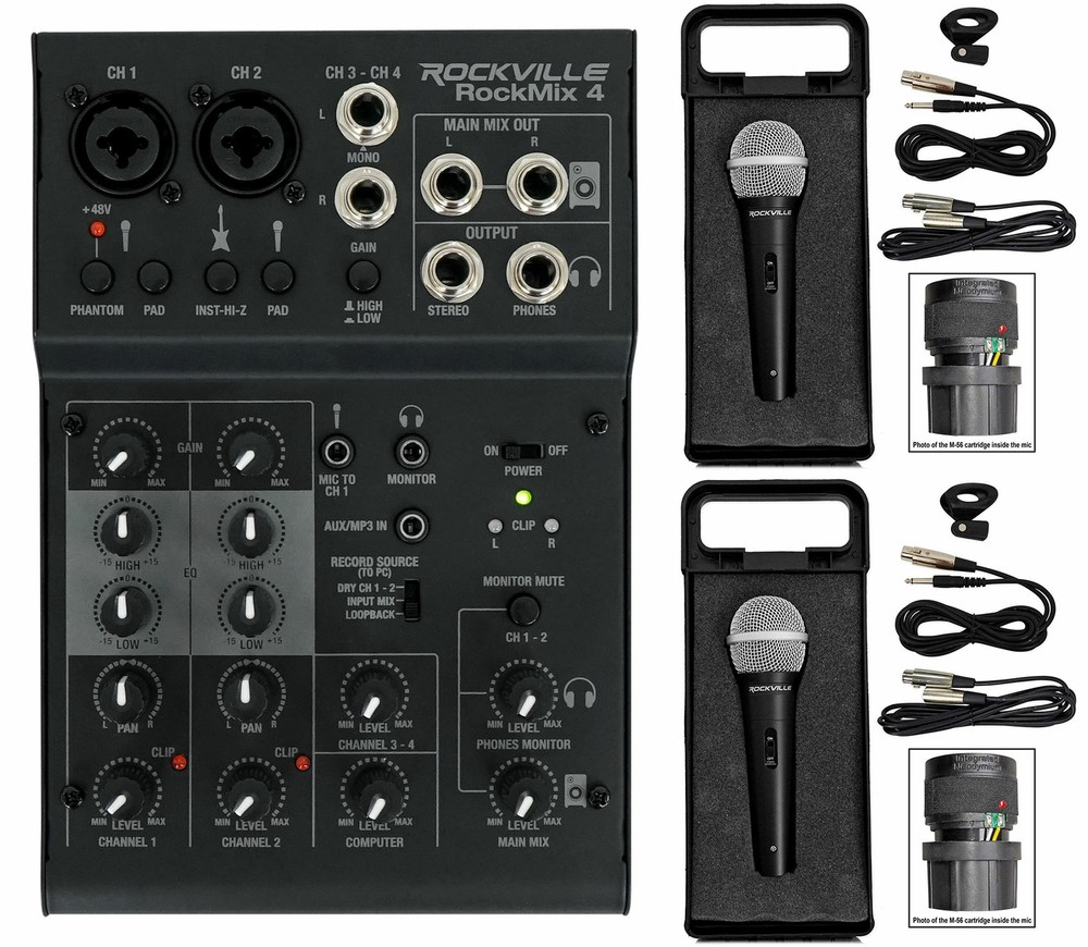 Rockville RockMix 4 Channel Pro Recording Mixer/Interface w/EQ+(2) Dynamic Mics