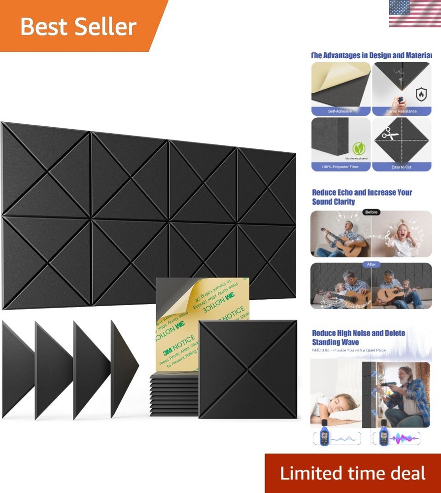 12 Pack Self-Adhesive Acoustic Panels – Soundproof Foam, 12”x12” Black