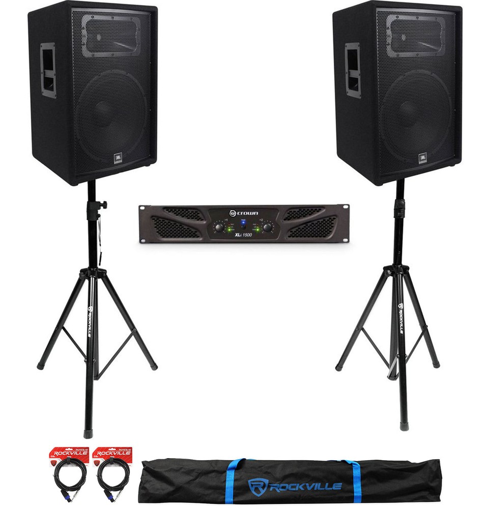 (2) JBL Pro JRX215 15″ 2000w 8 Ohm PA/DJ Speakers+Crown Amplifier+Stands+Cables
