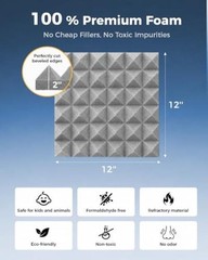 24 Pack Pyramid Acoustic Foam Panels, 12 x 12 x 2 Inches 24 Pack Pyramid (Gray)