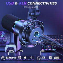 XLR/USB Dynamic Microphone Kit, RGB Podcast Mic with Software, Mute, Gain Knob,