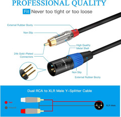 Unbalanced Dual RCA to XLR Male Y Splitter Patch Microphone Cable, 1 XLR Male to