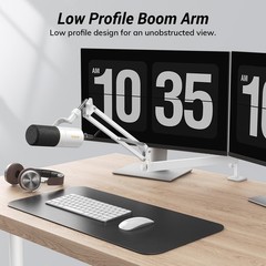 T20LP White Mic Arm Desk Mount Low Profile Boom Stand 3/8 5/8 Screw Adapter