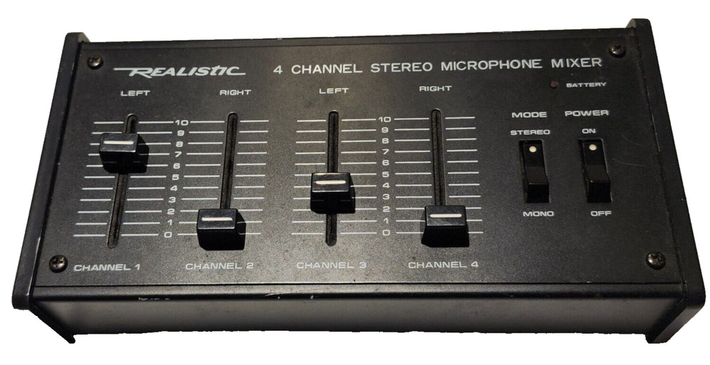 Realistic 32-1105 Four Channel Stereo Microphone Mixer 32-1105 Uses 9V Battery.