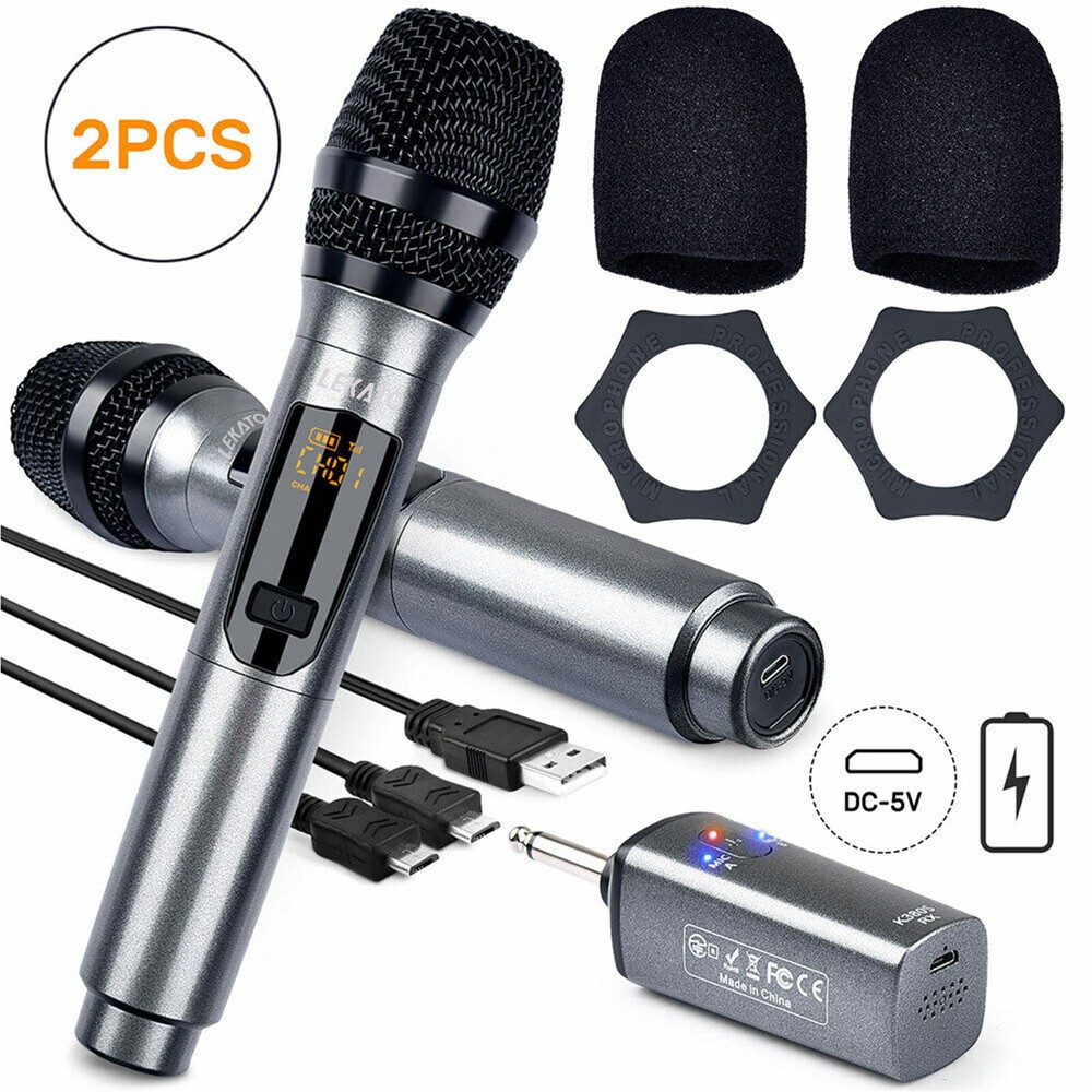 LEKATO Wireless Microphone UHF Dual Handheld Dynamic Mic Receiver Rechargeable