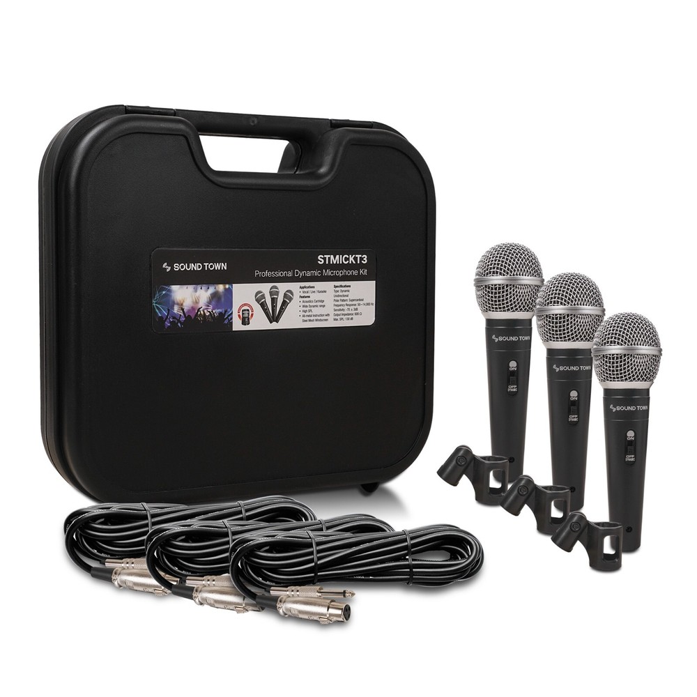 Sound Town 3-piece Handheld Dynamic Microphone Kit with Carry Case (STMICKT3)