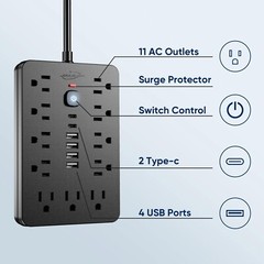 6 FT Flat Plug Surge Protector Power Strip,11 Multiple AC Outlets with 6 USB …