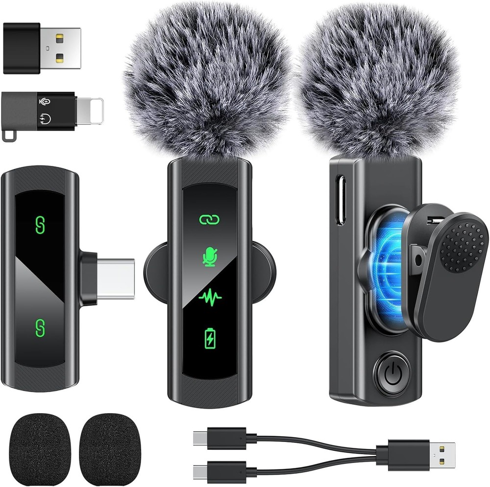 USB C Wireless Lavalier Microphone for iPhone 15 16, Mini LED Display Microph…