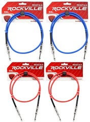 4 Rockville 3′ 1/4″ TS to 1/4“ TS Guitar/Instrument Cable (2 Red and 2 Blue)