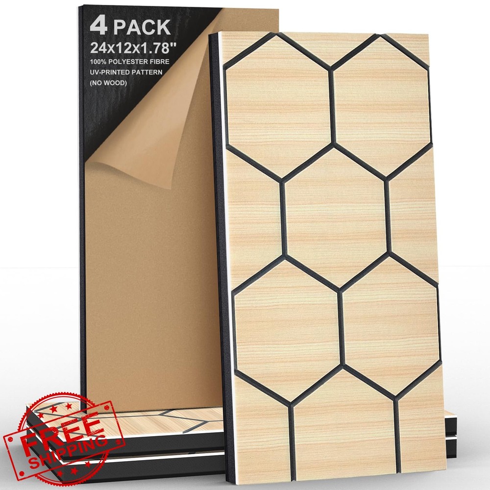 ArtVivid Hexagon Acoustic Panels Natural Oak 24x12x1.78″