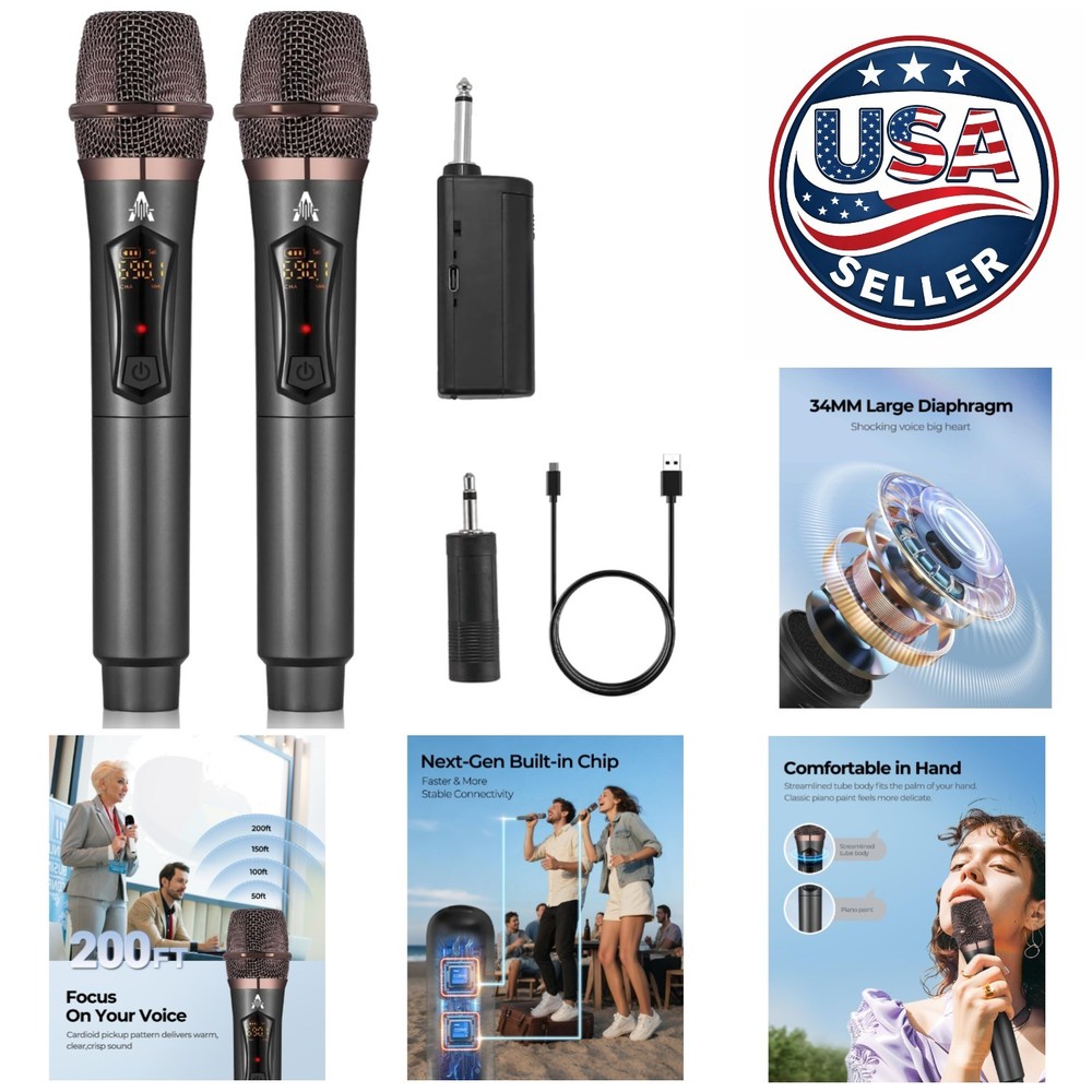 Dual Handheld Wireless Microphones – 200ft Range, Perfect for Weddings & Parties